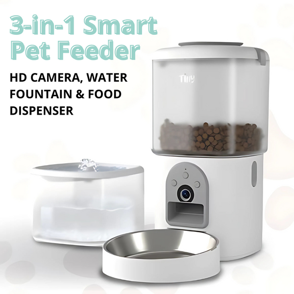 3 in 1 Automatic Cat Feeder and Water Fountain - with Camera - Tiny For Pets